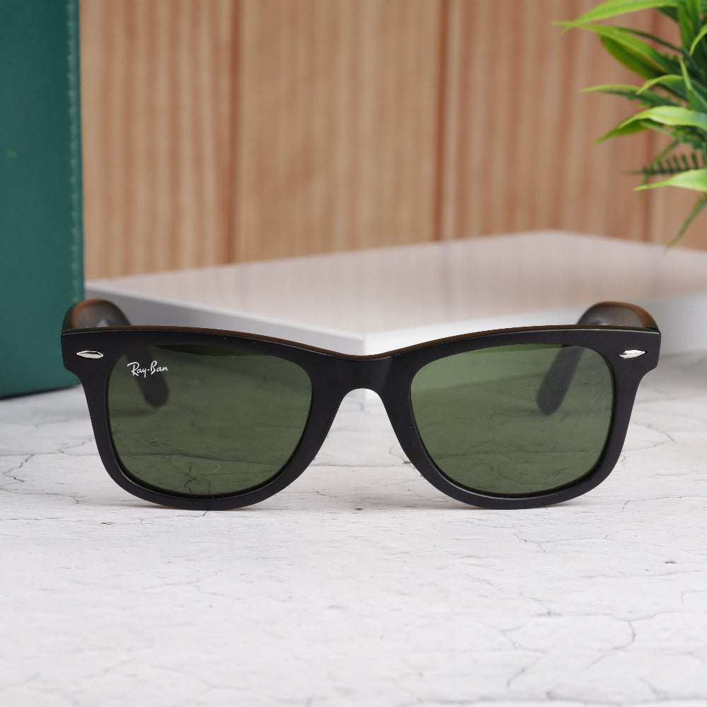 Classic Square 214O Black-Green Sunglass (Matt) with matte black frame and UV 400 green lenses from JUO INDIA.
